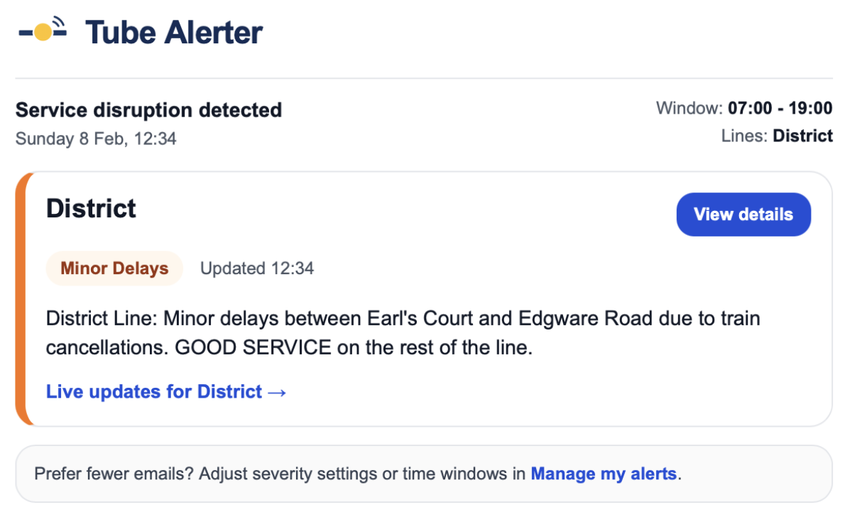 Example disruption alert email from Tube Alerter showing a District line Minor Delays notification