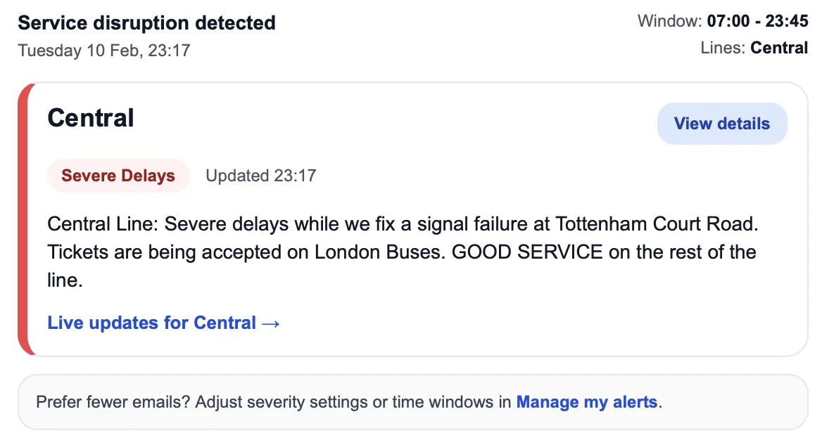 Example disruption alert email from Tube Alerter showing a District line Minor Delays notification